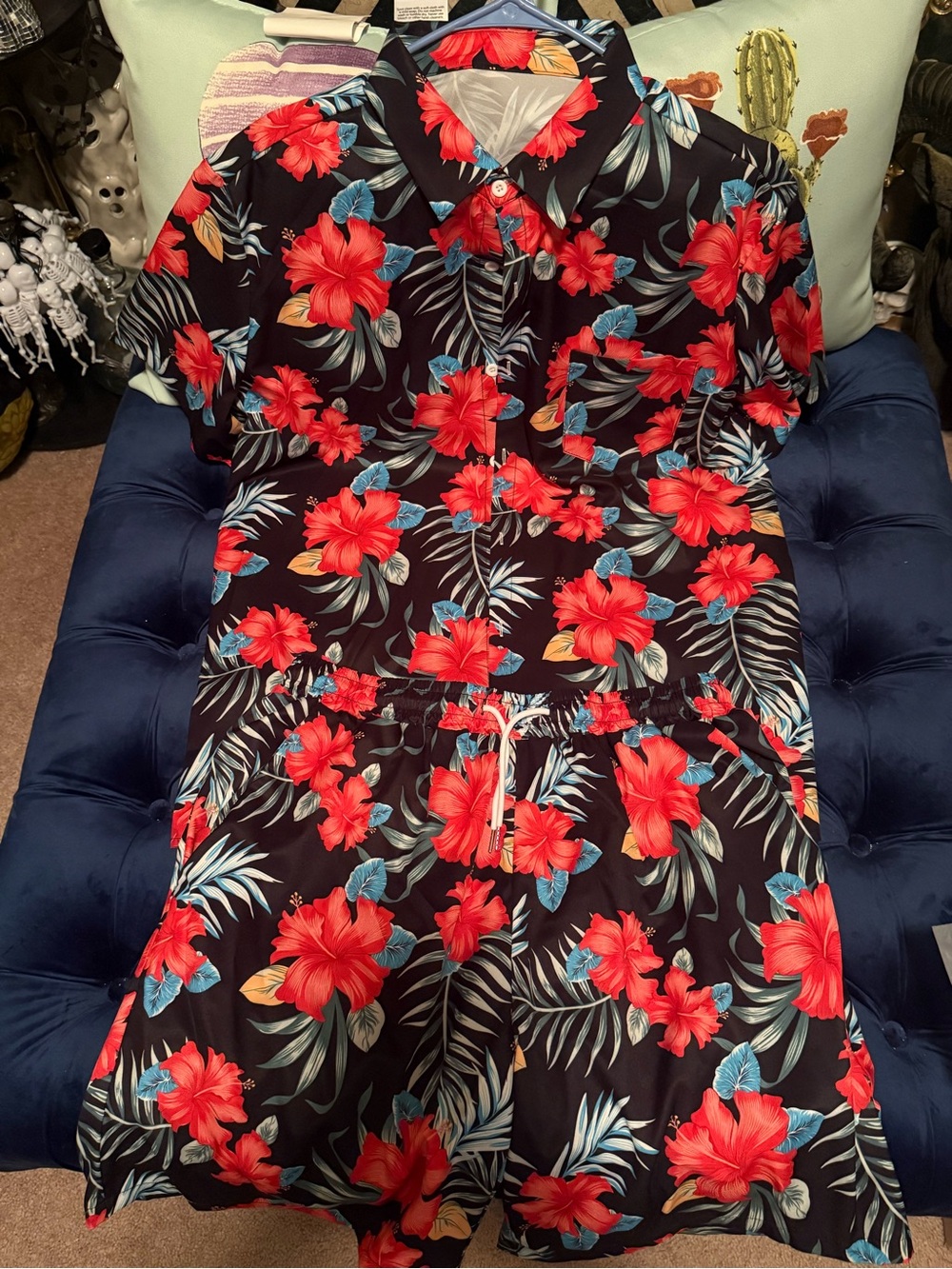 Men’s Black Tropical Floral Button shirt and shorts with Red Hibiscus